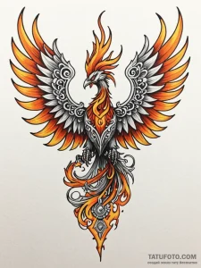 Tattoo sketch, fiery phoenix, cold steel wing... - эскиз тату (№1752422978_0, 13.07.2025 16:09) — Tatufoto.com