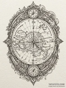 Tattoo sketch, old map, digital overlay, an a... - эскиз тату (№1752423565_0, 13.07.2025 16:19) — Tatufoto.com