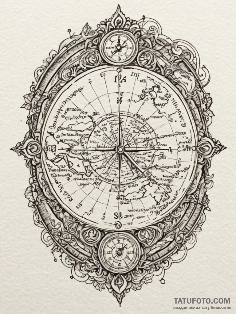 Tattoo sketch, old map, digital overlay, an a... - эскиз тату (№1752423565_0, 13.07.2025 16:19) — Tatufoto.com
