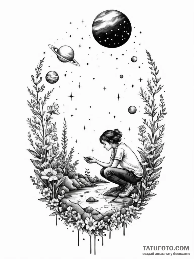 Tattoo sketch, galactic gardener, a serene fi... - эскиз тату (№1752424453_0, 13.07.2025 16:34) — Tatufoto.com