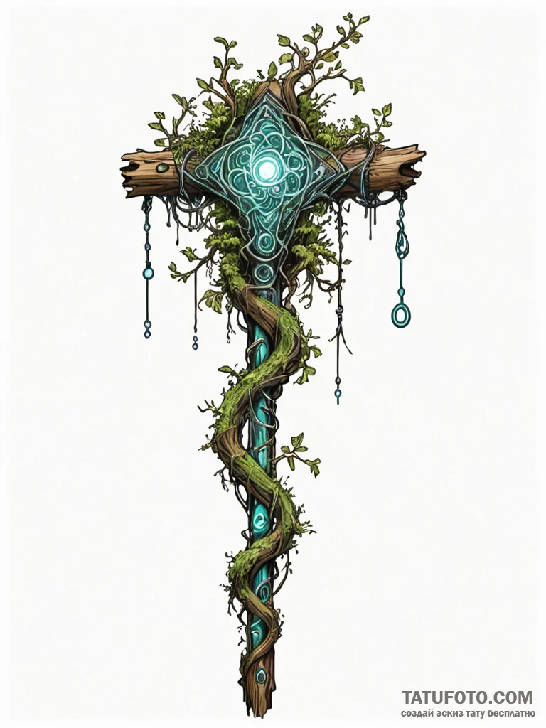Tattoo sketch, urban druid's staff, a gnarled... - эскиз тату (№1752425049_0, 13.07.2025 16:44) — Tatufoto.com