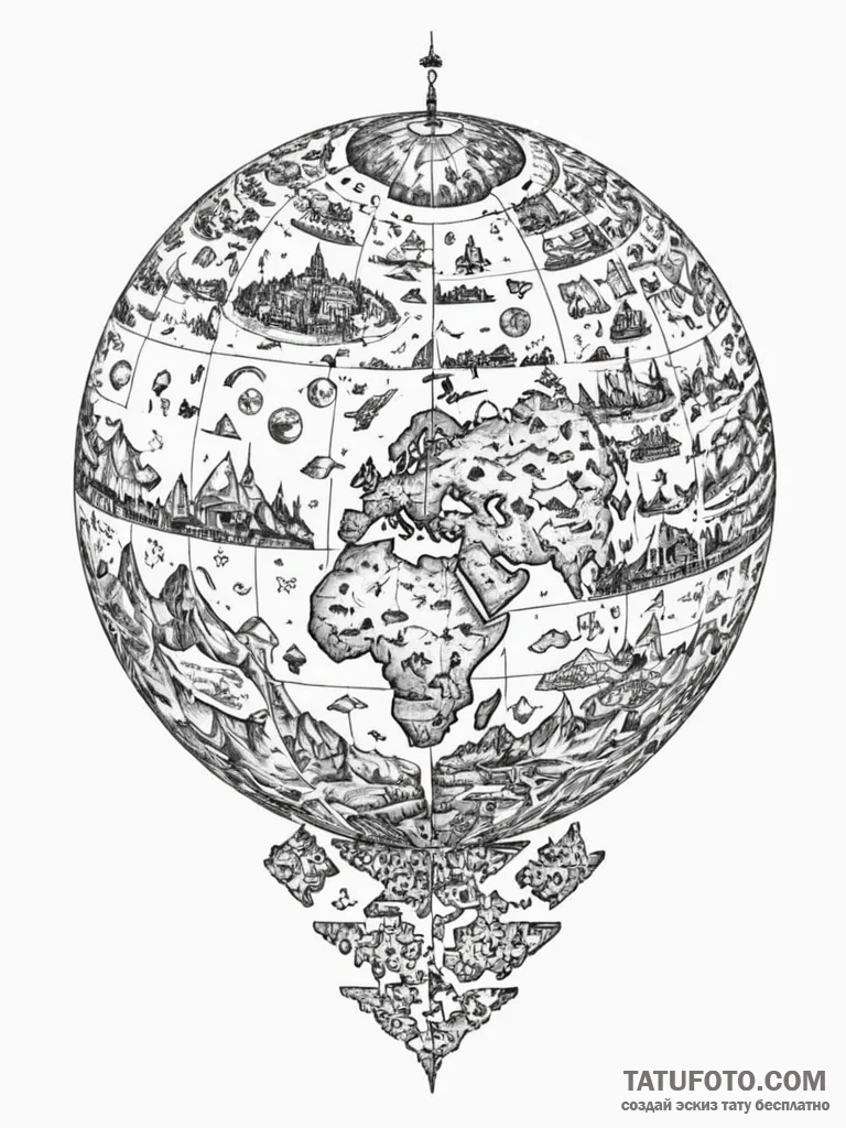 Tattoo sketch, prophetic puzzle globe, a glob... - эскиз тату (№1752425221_0, 13.07.2025 16:47) — Tatufoto.com