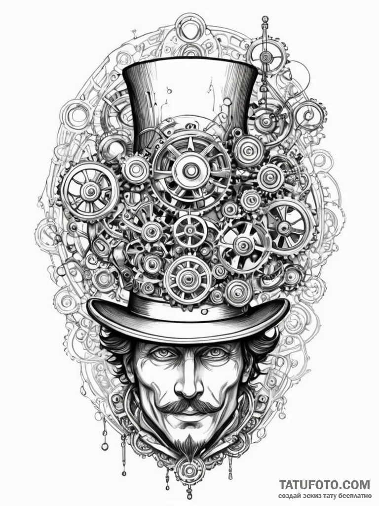 Tattoo sketch, mechanical magician's hat, a c... - эскиз тату (№1752425305_0, 13.07.2025 16:48) — Tatufoto.com