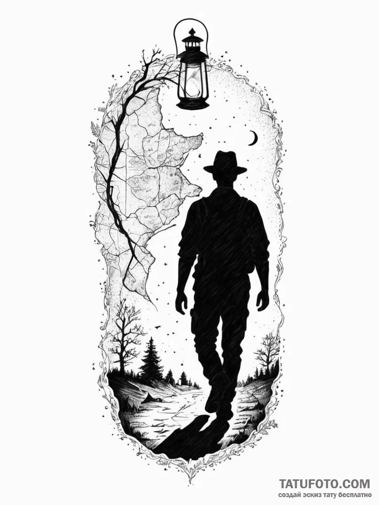 Tattoo sketch, weary traveler's digital lante... - эскиз тату (№1752425560_0, 13.07.2025 16:52) — Tatufoto.com