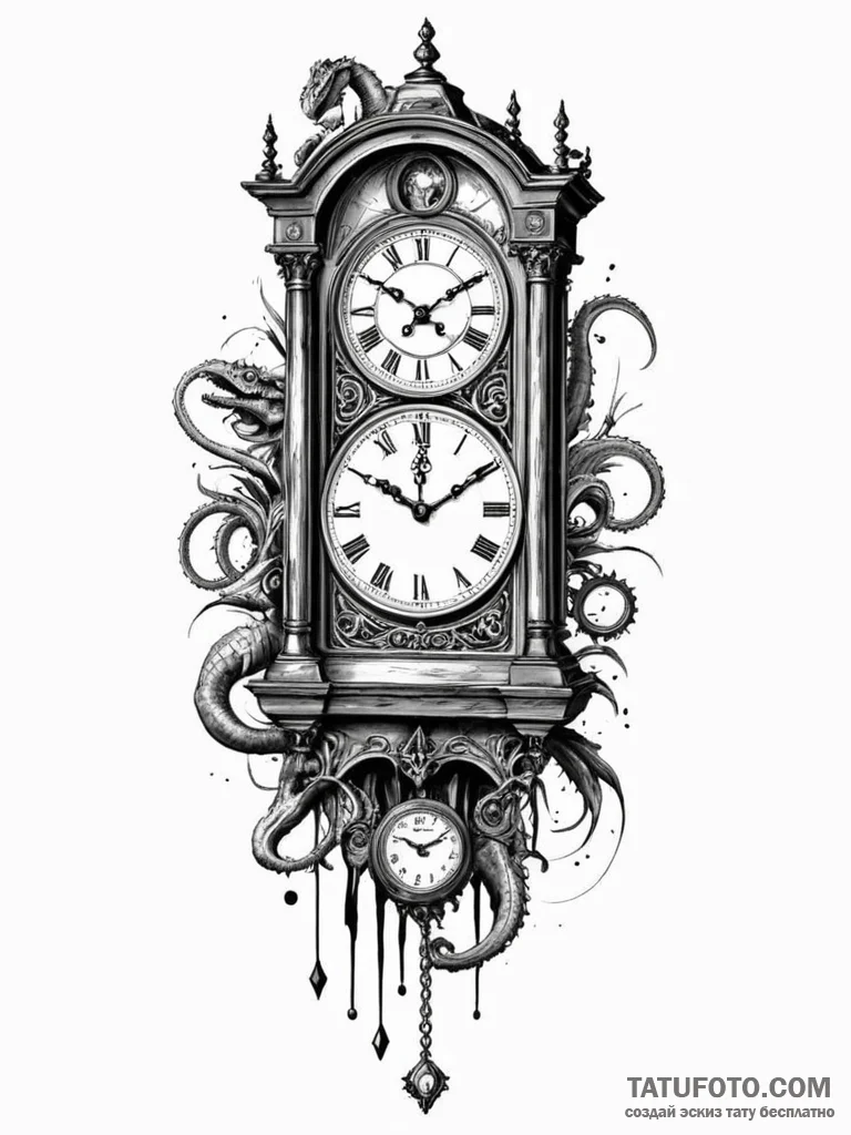 Tattoo sketch, grandfather clock of eras, an... - эскиз тату (№1752425643_0, 13.07.2025 16:54) — Tatufoto.com