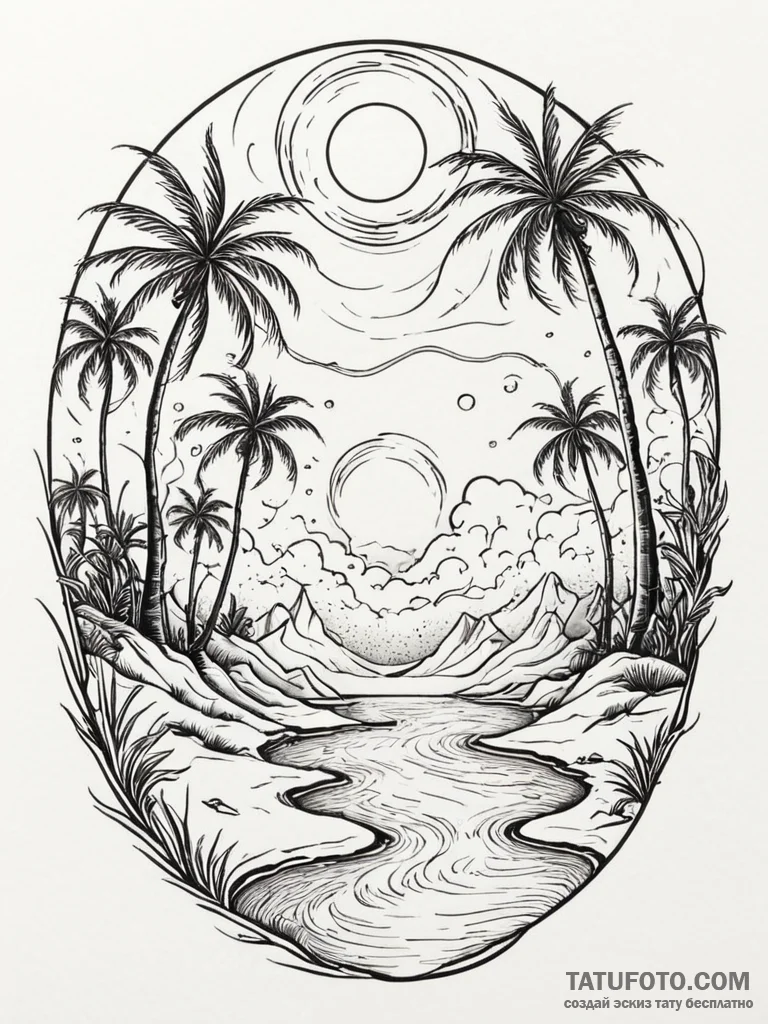 Tattoo sketch, kinetic sandstorm oasis, a des... - эскиз тату (№1752426411_0, 13.07.2025 17:06) — Tatufoto.com