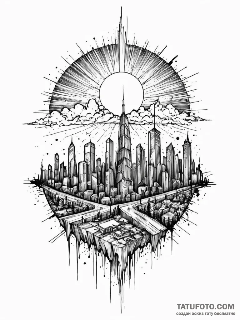 Tattoo sketch, eternal sunset over glitch cit... - эскиз тату (№1752426842_0, 13.07.2025 17:14) — Tatufoto.com