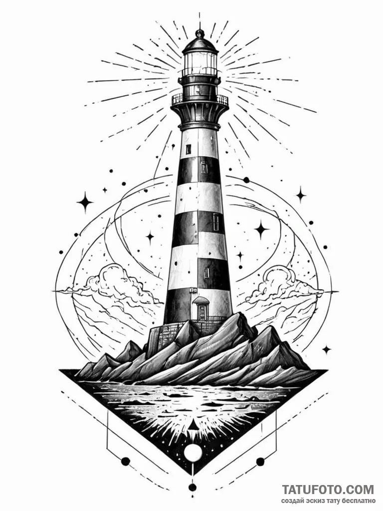 Tattoo sketch, lighthouse of lost signals, a... - эскиз тату (№1752427277_0, 13.07.2025 17:21) — Tatufoto.com