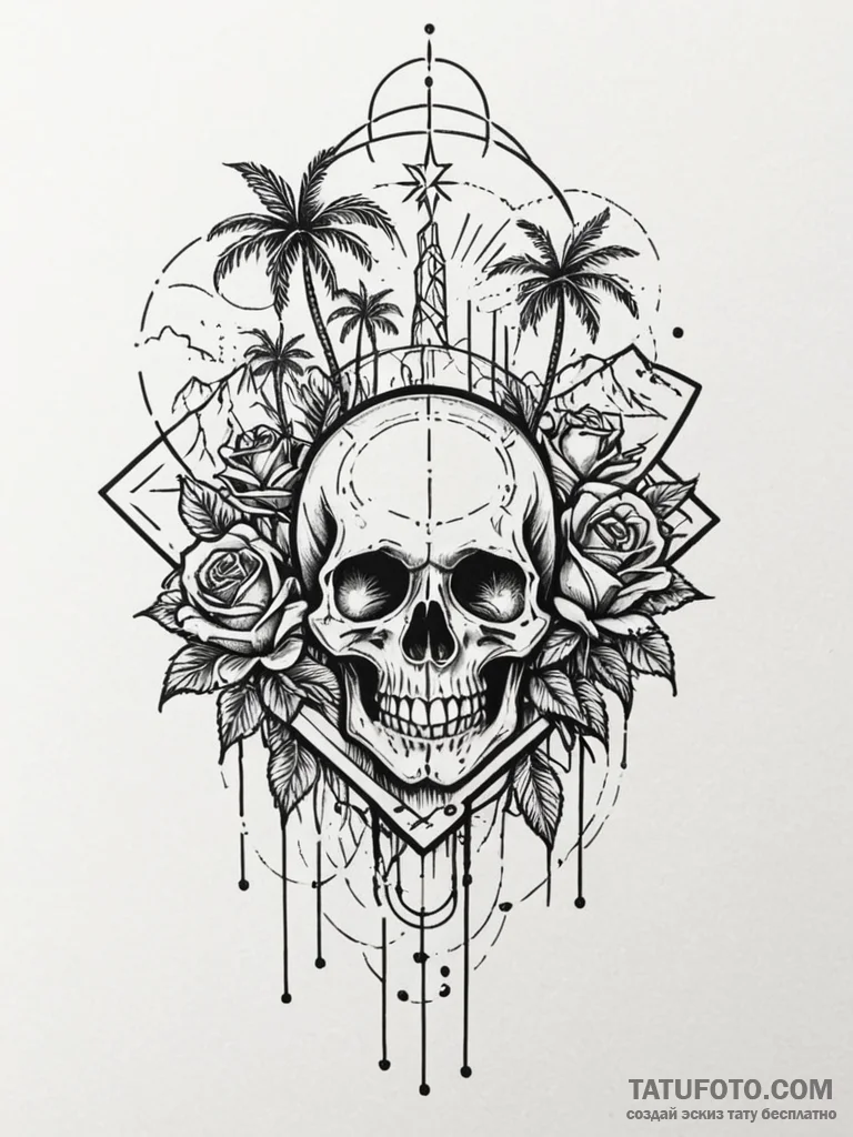 Tattoo sketch, thriving oasis in digital dese... - эскиз тату (№1752427890_0, 13.07.2025 17:31) — Tatufoto.com