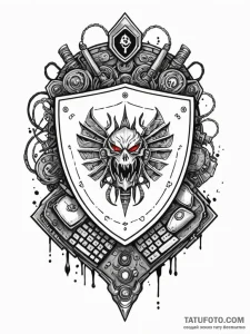 Tattoo sketch, keyboard warrior's crest, a sh... - эскиз тату (№1752428149_0, 13.07.2025 17:35) — Tatufoto.com