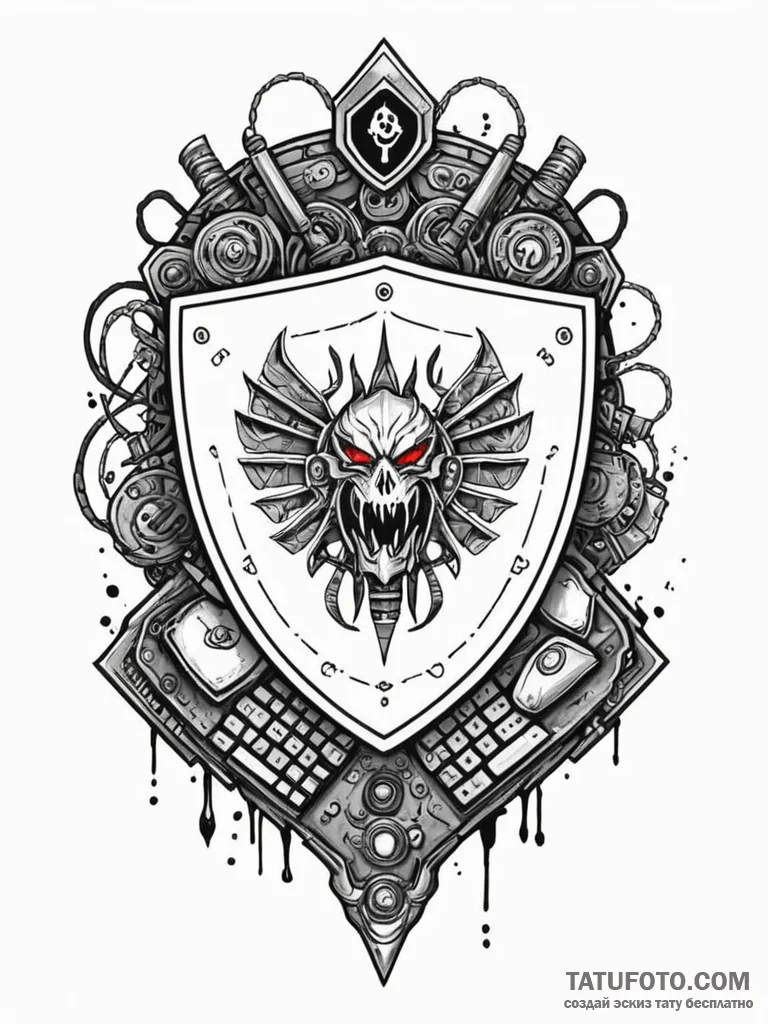 Tattoo sketch, keyboard warrior's crest, a sh... - эскиз тату (№1752428149_0, 13.07.2025 17:35) — Tatufoto.com