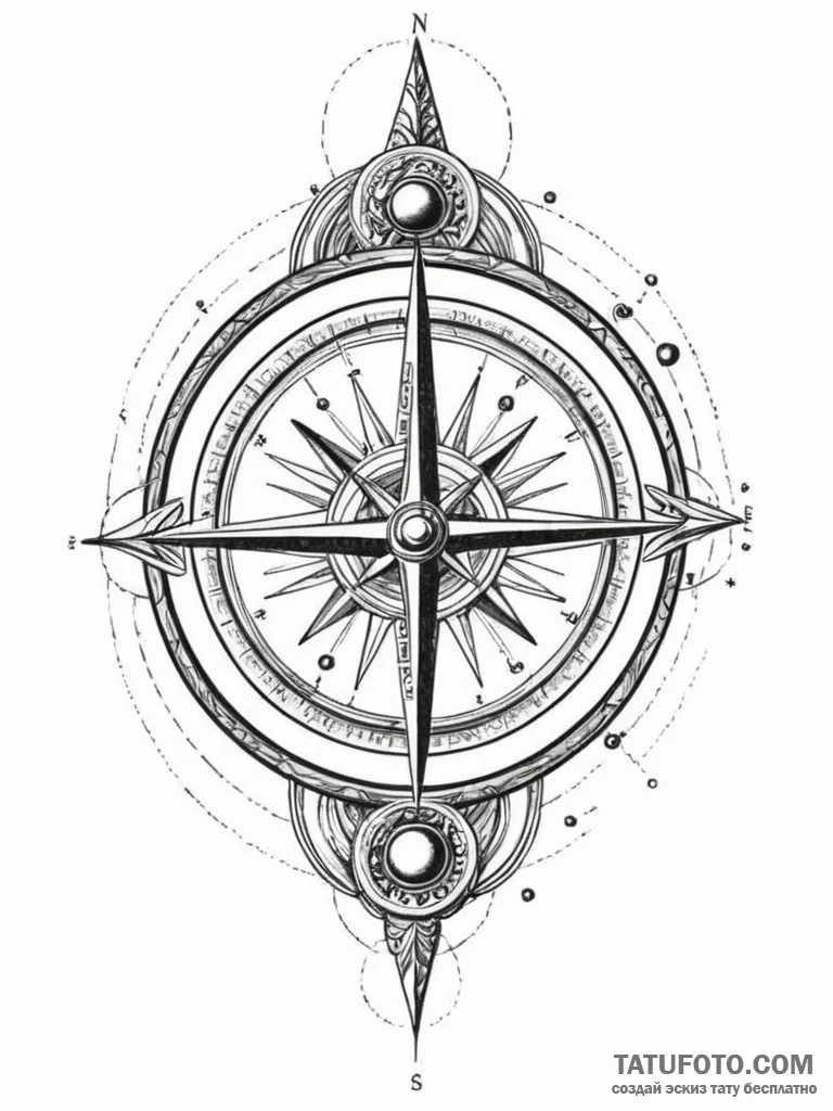 Tattoo sketch, mapmaker's cosmic compass, an... - эскиз тату (№1752428901_0, 13.07.2025 17:48) — Tatufoto.com