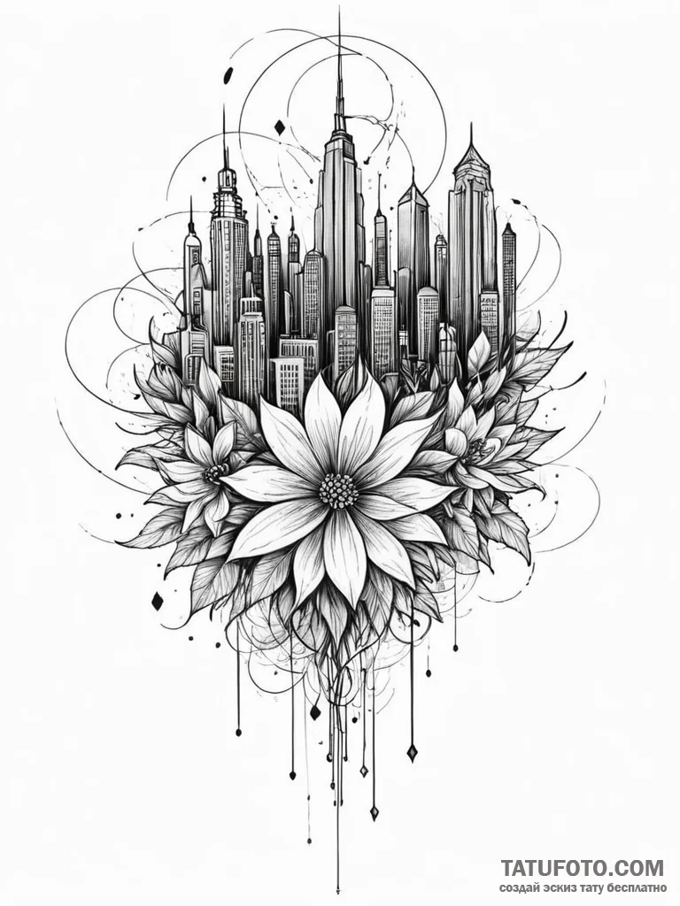 Tattoo sketch, sprawling smart city bloom, an... - эскиз тату (№1752429185_0, 13.07.2025 17:53) — Tatufoto.com