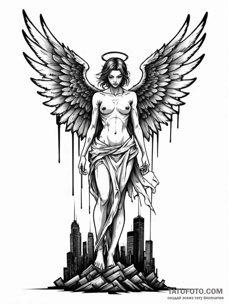 Tattoo sketch, apocalyptic angel with broken... - эскиз тату (№1752429529_0, 13.07.2025 17:58) — Tatufoto.com