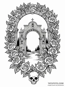 Tattoo sketch, an archway opening to a surrea... - эскиз тату (№1752429785_0, 13.07.2025 18:03) — Tatufoto.com