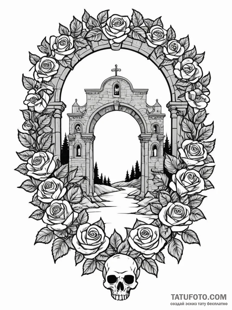 Tattoo sketch, an archway opening to a surrea... - эскиз тату (№1752429785_0, 13.07.2025 18:03) — Tatufoto.com