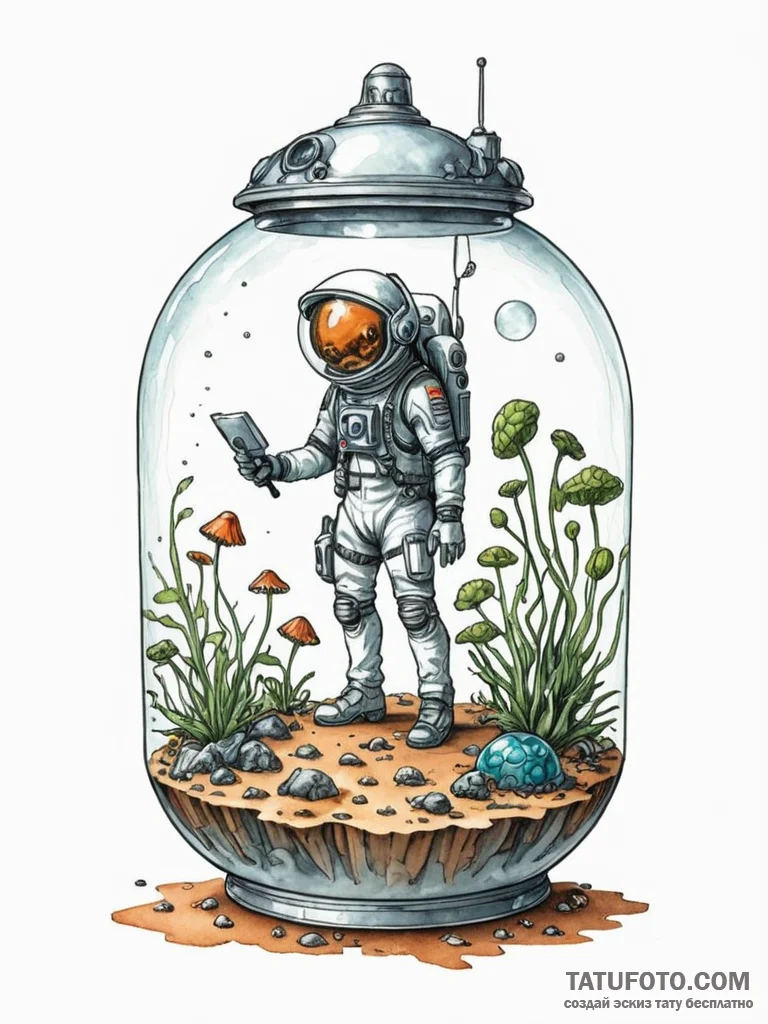 Tattoo sketch, martian explorer's terrarium,... - эскиз тату (№1752430218_0, 13.07.2025 18:10) — Tatufoto.com
