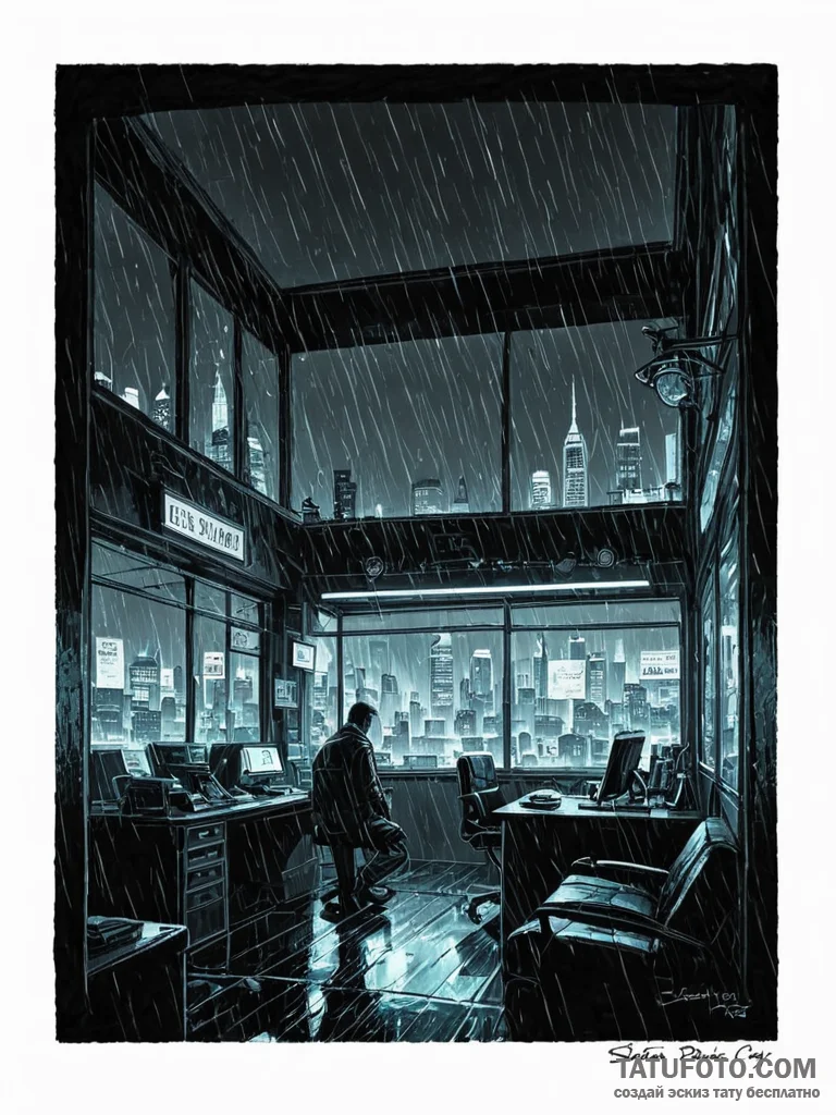 Tattoo sketch, neon noir detective's office,... - эскиз тату (№1752430563_0, 13.07.2025 18:16) — Tatufoto.com
