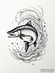 Tattoo sketch, jumping salmon, data stream ri... - эскиз тату (№1752430652_0, 13.07.2025 18:17) — Tatufoto.com
