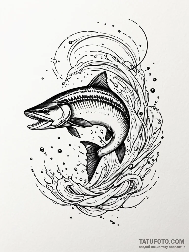 Tattoo sketch, jumping salmon, data stream ri... - эскиз тату (№1752430652_0, 13.07.2025 18:17) — Tatufoto.com