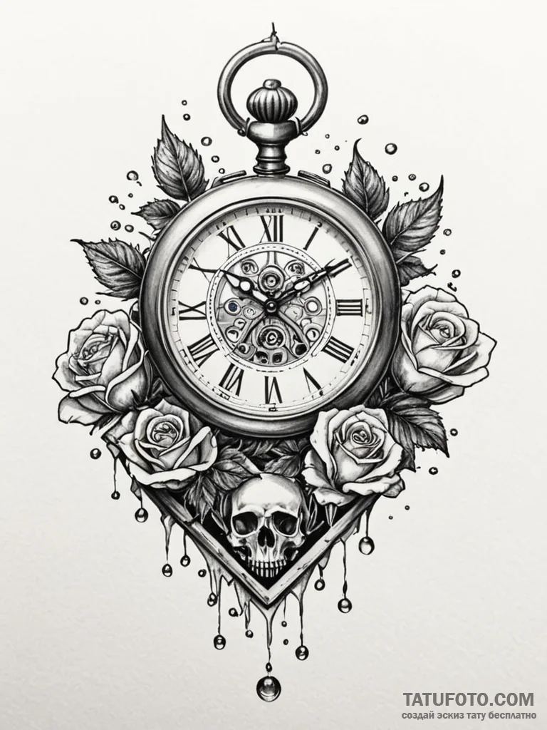 Tattoo sketch, frozen timepiece, a detailed a... - эскиз тату (№1752430824_0, 13.07.2025 18:20) — Tatufoto.com