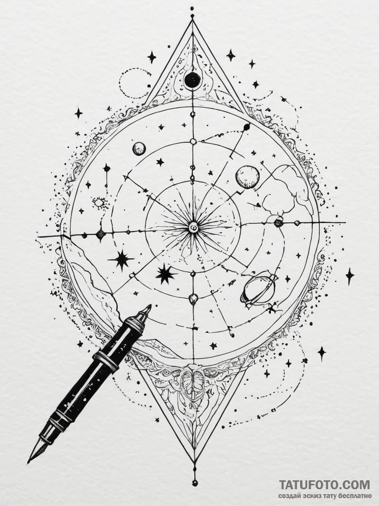 Tattoo sketch, night sky cartographer's quill... - эскиз тату (№1752431430_0, 13.07.2025 18:30) — Tatufoto.com