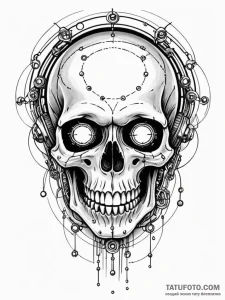 Tattoo sketch, grinning skull, data stream ey... - эскиз тату (№1752431517_0, 13.07.2025 18:31) — Tatufoto.com