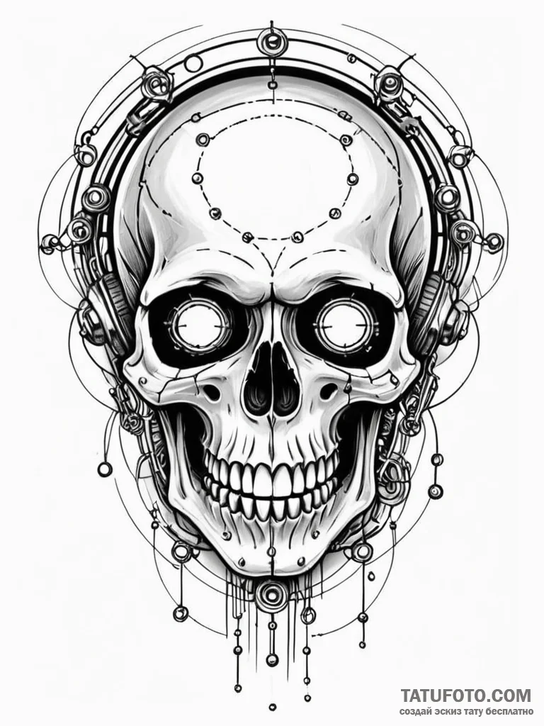 Tattoo sketch, grinning skull, data stream ey... - эскиз тату (№1752431517_0, 13.07.2025 18:31) — Tatufoto.com