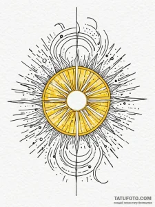 Tattoo sketch, yellow sun, data flares, a sty... - эскиз тату (№1752431689_0, 13.07.2025 18:34) — Tatufoto.com