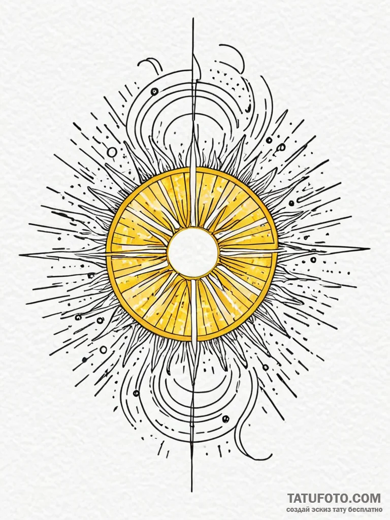 Tattoo sketch, yellow sun, data flares, a sty... - эскиз тату (№1752431689_0, 13.07.2025 18:34) — Tatufoto.com