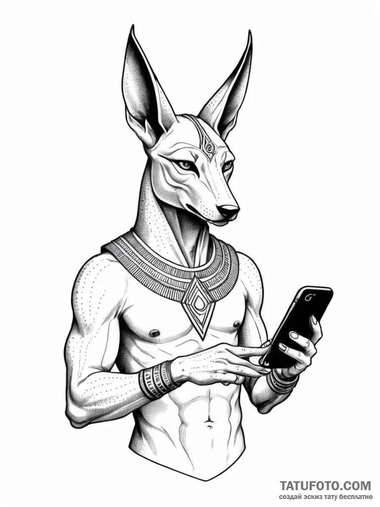 Tattoo sketch, an anubis checking notificatio... - эскиз тату (№1752432290_0, 13.07.2025 18:44) — Tatufoto.com