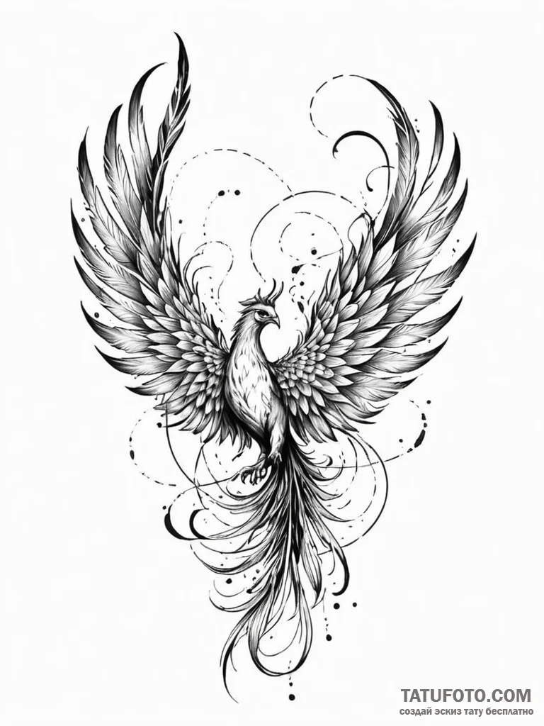 Tattoo sketch, phoenix feather, data patterne... - эскиз тату (№1752432722_0, 13.07.2025 18:52) — Tatufoto.com