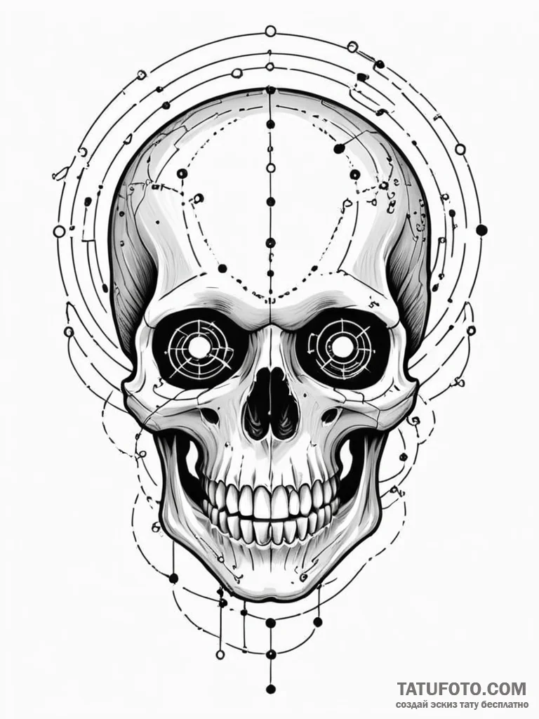 Tattoo sketch, grinning skull, data stream ey... - эскиз тату (№1752433240_0, 13.07.2025 19:00) — Tatufoto.com