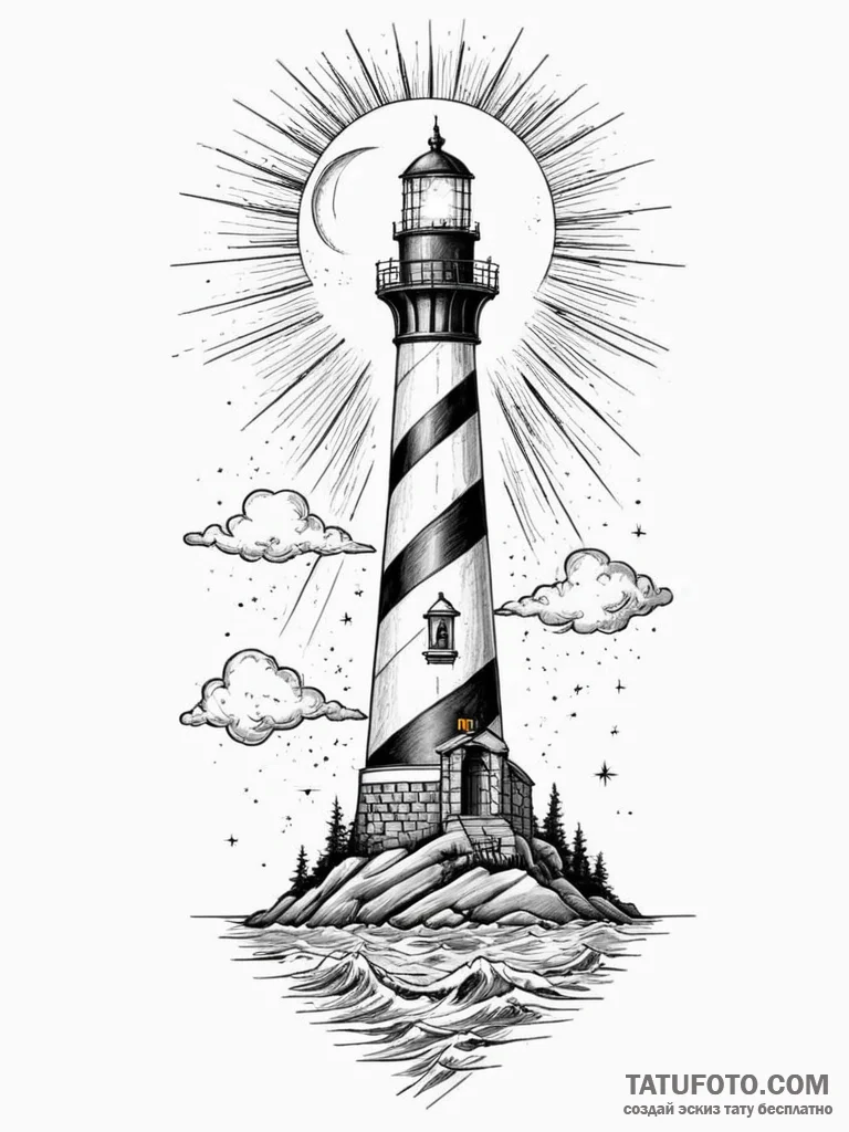 Tattoo sketch, eclipsed lighthouse beam, a li... - эскиз тату (№1752433325_0, 13.07.2025 19:02) — Tatufoto.com