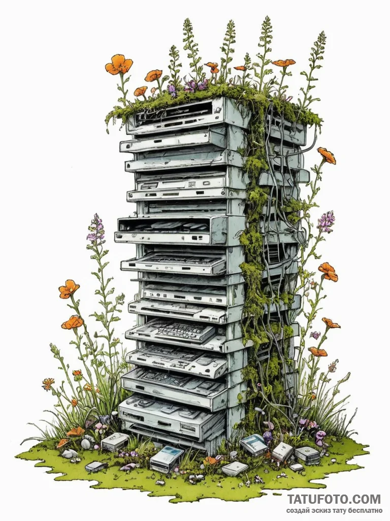 Tattoo sketch, organic overgrowth on obsolete... - эскиз тату (№1752433410_0, 13.07.2025 19:03) — Tatufoto.com