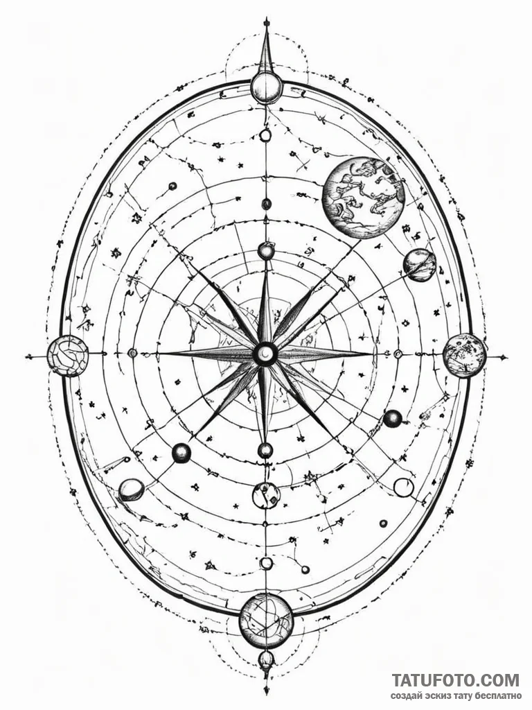 Tattoo sketch, celestial cartographer: an old... - эскиз тату (№1752433496_0, 13.07.2025 19:04) — Tatufoto.com