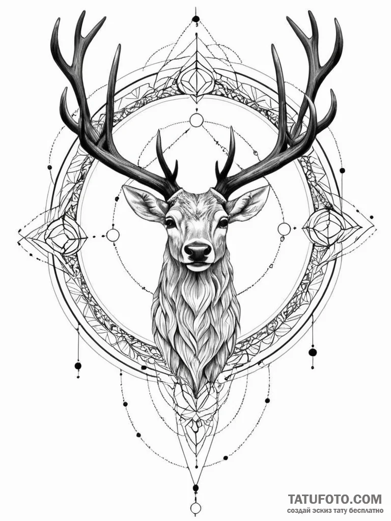Tattoo sketch, leaping stag, cosmic antlers,... - эскиз тату (№1752435146_0, 13.07.2025 19:32) — Tatufoto.com