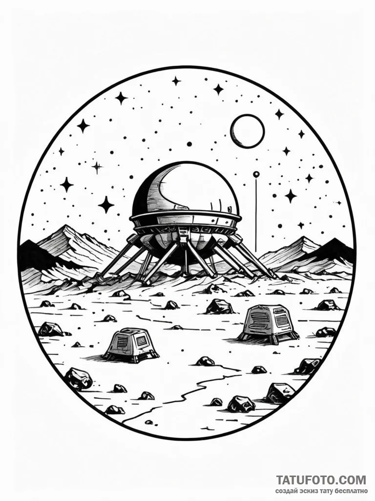 Tattoo sketch, isolated ai outpost, a sleek,... - эскиз тату (№1752435753_0, 13.07.2025 19:42) — Tatufoto.com