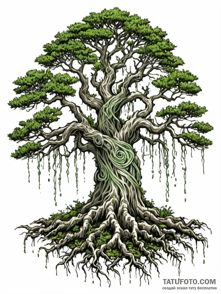 Tattoo sketch, juniper tree, ancient wisdom,... - эскиз тату (№1752435928_0, 13.07.2025 19:45) — Tatufoto.com