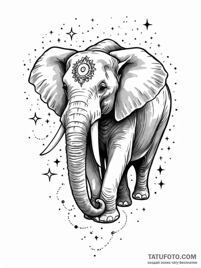 Tattoo sketch, elephant with cosmic tusk, a m... - эскиз тату (№1752436799_0, 13.07.2025 19:59) — Tatufoto.com