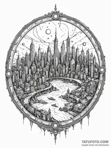Tattoo sketch, vignette of vanishing city, a... - эскиз тату (№1752436972_0, 13.07.2025 20:02) — Tatufoto.com