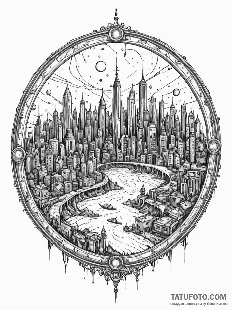 Tattoo sketch, vignette of vanishing city, a... - эскиз тату (№1752436972_0, 13.07.2025 20:02) — Tatufoto.com