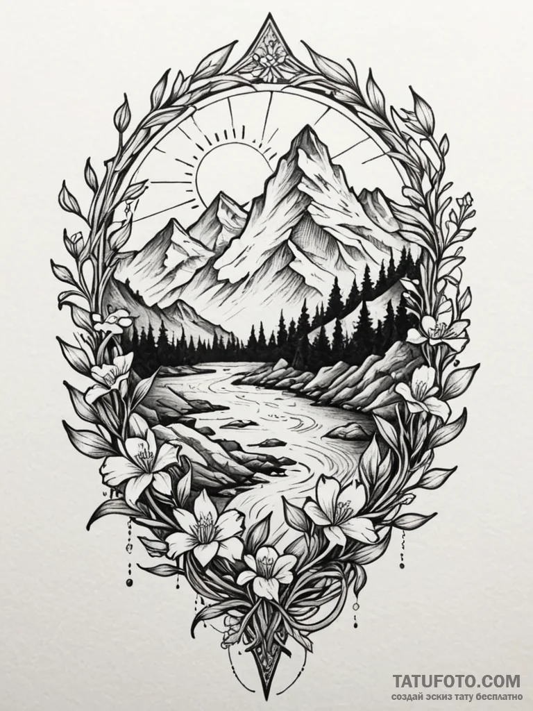 Tattoo sketch, jagged landscape, blooming cod... - эскиз тату (№1752437058_0, 13.07.2025 20:04) — Tatufoto.com