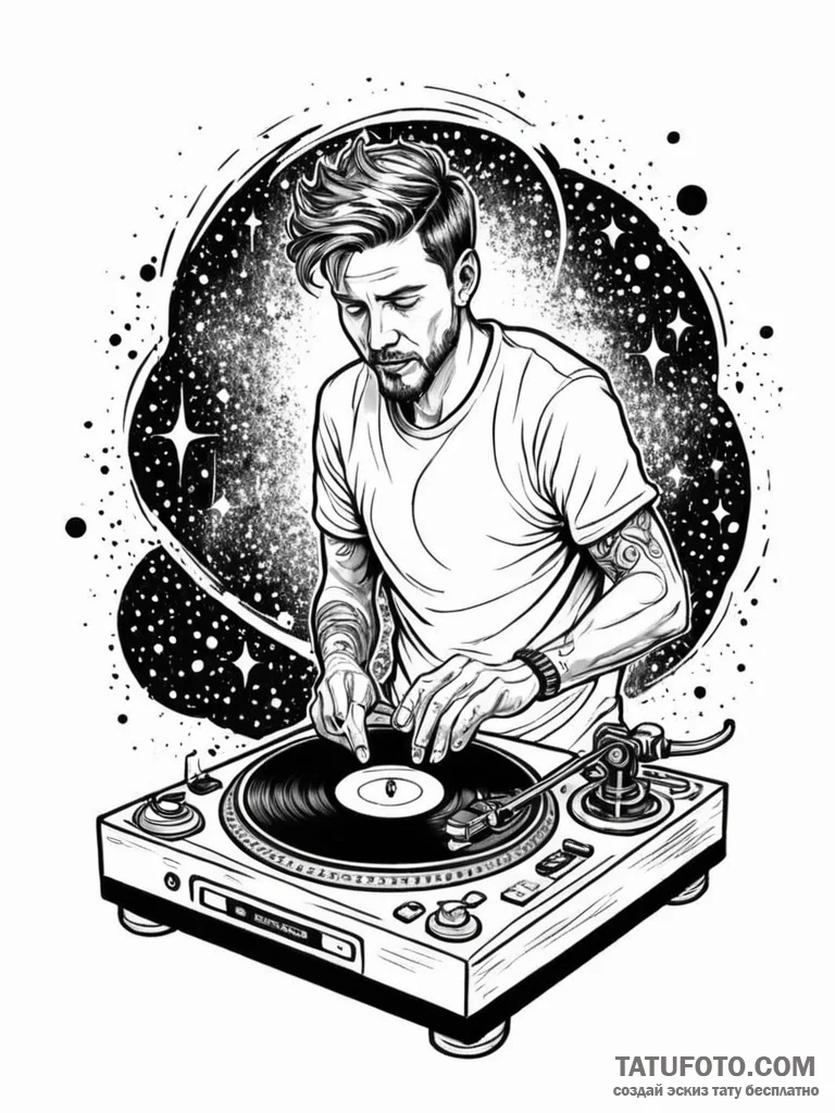 Tattoo sketch, dynamic disc jockey, a dj turn... - эскиз тату (№1752437579_0, 13.07.2025 20:12) — Tatufoto.com