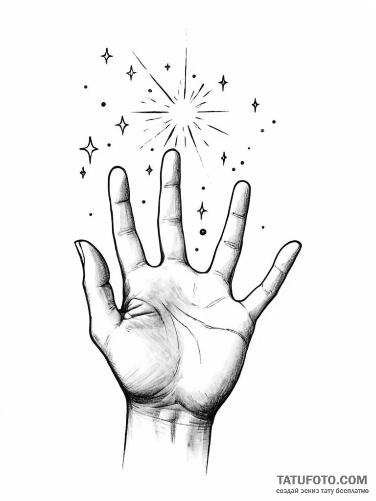 Tattoo sketch, reaching hand, starlight grasp... - эскиз тату (№1752437752_0, 13.07.2025 20:15) — Tatufoto.com