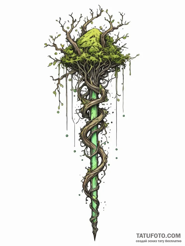Tattoo sketch, urban druid's staff, a gnarled... - эскиз тату (№1752438187_0, 13.07.2025 20:23) — Tatufoto.com