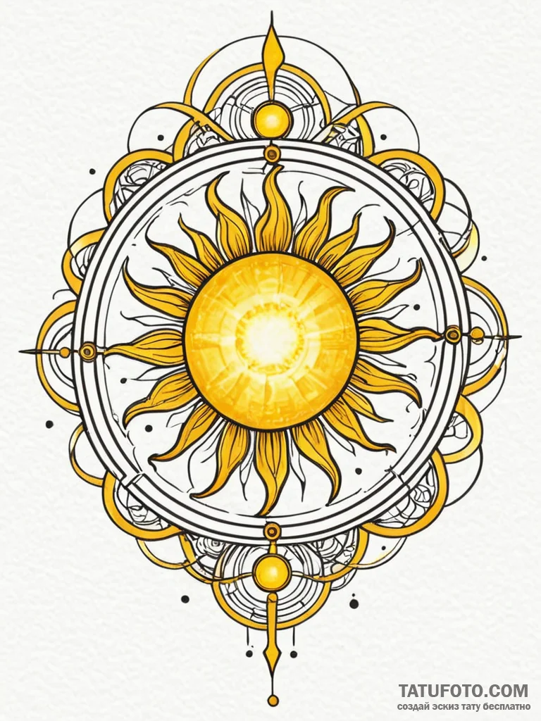 Tattoo sketch, yellow sun, data flares, a sty... - эскиз тату (№1752438533_0, 13.07.2025 20:28) — Tatufoto.com