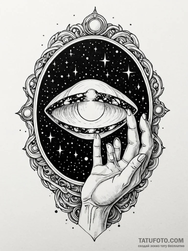 Tattoo sketch, oracle's obsidian mirror, a pe... - эскиз тату (№1752438706_0, 13.07.2025 20:31) — Tatufoto.com