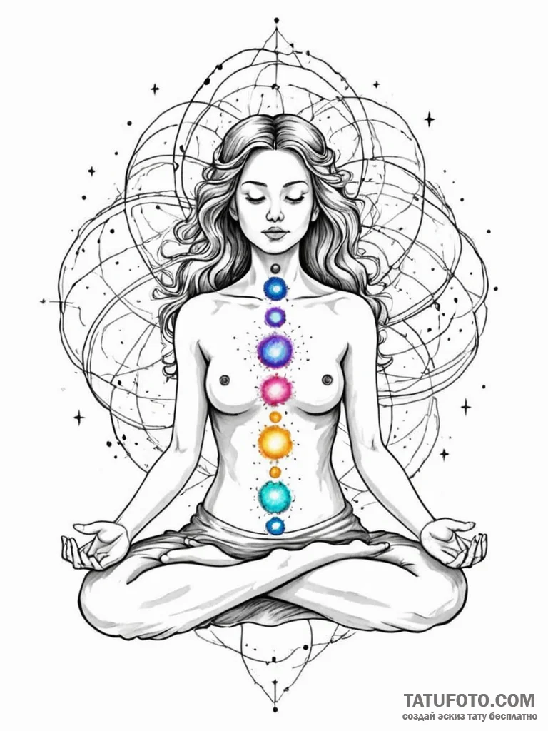 Tattoo sketch, meditating figure, cosmic aura... - эскиз тату (№1752439865_0, 13.07.2025 20:51) — Tatufoto.com