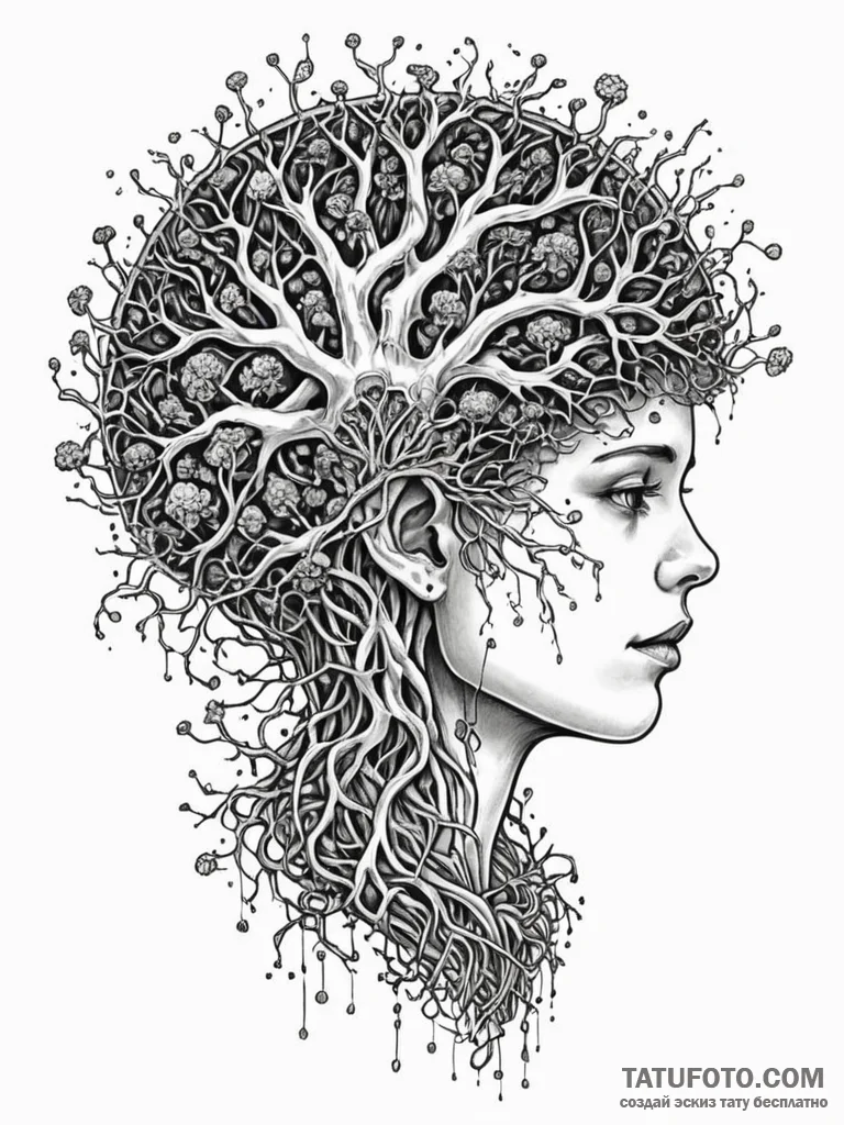 Tattoo sketch, fungal mind network, a detaile... - эскиз тату (№1752440549_0, 13.07.2025 21:02) — Tatufoto.com